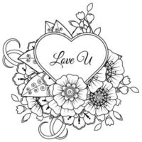 Mehndi flower with frame in shape of heart. decoration in ethnic oriental, doodle ornament. vector