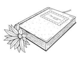 Hand drawn book with flower. Black and white, monochrome. Vector illustration. Isolated on white. Tattoo, line art.