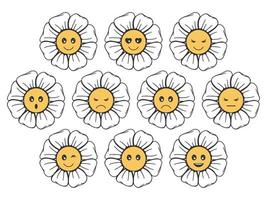 colección de emojis monocromos y en color con forma de flor. un conjunto de emoticonos. ilustración vectorial. aislado en blanco. vector