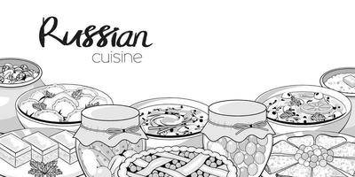Traditional russian food. Monochrome objects on white background. Horizontal flyer. Vector illustration. Cartoon style. Black and white.