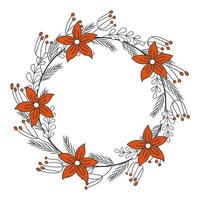 Christmas greeting card. Hand drawn circle wreath with poinsettia and leaves. Vector illustration. Isolated on white. Tattoo, line art.