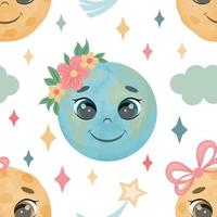 Seamless pattern from cute earth and moon. A child endless texture. Vector illustration. Cartoon style.