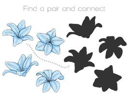 Fun childrens game. Find a couple and connect them. Blue flowers and silhouettes. Vector illustration.