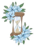 hand drawn color sketch hourglass with flowers. Vector illustration. Isolated on white. Tattoo, line art.