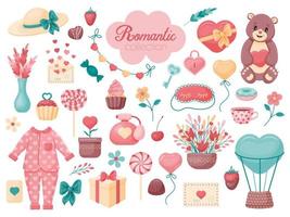 linda colección romántica. pijama, tarta, piruleta, llave, corazón, letras. muchos objetos, estilo dibujos animados. ilustración vectorial. aislado en blanco. vector