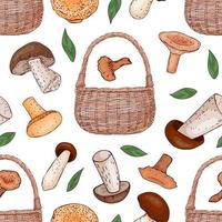 seamless pattern from color hand drawn mushrooms, leaves and basket. Vector illustration. Line art.