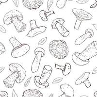 seamless pattern from monochrome hand drawn mushrooms and leaves. Vector illustration. Line art.