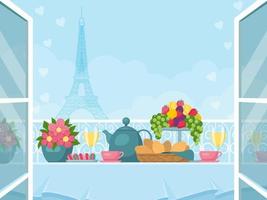 Breakfast on the balcony in Paris. Eiffel Tower. vector