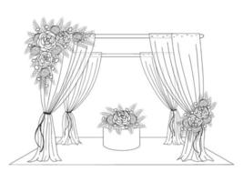 Wedding tent decorated with flowers. Hand drawn image. Graphic line style. Vector illustration. Isolated on white.