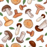 seamless pattern from hand drawn mushrooms and leaves. Vector illustration. Line art. Colorful texture.