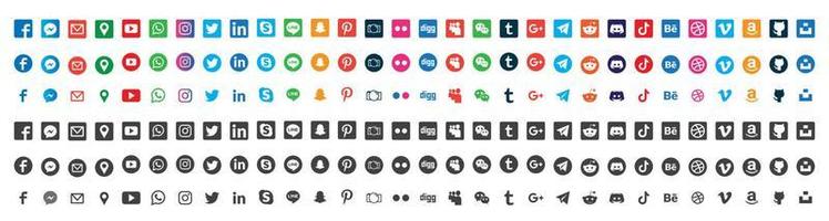 Social media logotype set. Facebook instagram twitter youtube snapchat whatsap pinterest linkedin vimeo tiktok periscope logo set. Social network icon vector