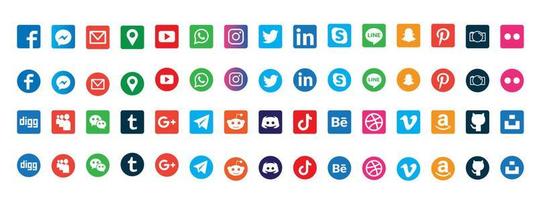 Social media logotype set. Facebook instagram twitter youtube snapchat whatsap pinterest linkedin vimeo tiktok periscope logo set. Social network icon vector