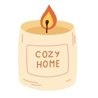 Candle for home. Paraffin aromatic candle for aroma therapy. Hygge time. Candle in glass jar. Cute hygge home decoration, holiday decorative design element. Hand draw vector illustration