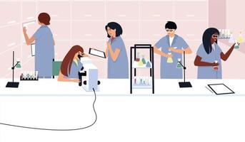Students or scientists work in a laboratory with a microscope and test tubes vector
