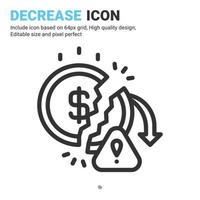 vector de icono de disminución con estilo de contorno aislado sobre fondo blanco. crisis de ilustración vectorial, concepto de icono de símbolo de signo de inflación para negocios, finanzas, industria, empresa, web y proyecto