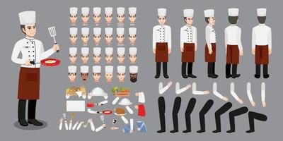 Professional Chef cartoon character in uniform creation set with various views, hairstyles, face emotions, lip sync and poses. Parts of body template for design work and animation vector