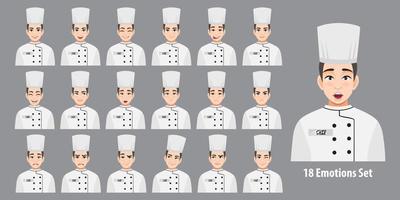 Chef profesional en uniforme con diferentes expresiones faciales aisladas en la ilustración de vector de estilo de personaje de dibujos animados