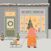 linda niña con trineos y regalos cerca de la tienda de regalos escaparate con un árbol de Navidad, corona de Navidad, guirnaldas y bolas. vector