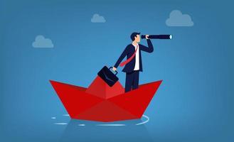 Business management and direction. Businessman holding telescope on paper boat symbol. vector