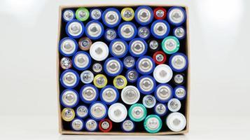 Top view of the background of AAA AA batteries and rechargeable batteries. Choice of batteries. Energy supply and recycling concept. Textures of electric elements packed close together in a box. photo