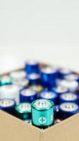 A cardboard box on a white background full of used household AA, AAA alkaline batteries collected for recycling. Recycling and ecology problems. photo