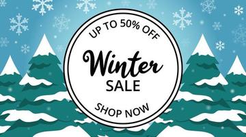 Winter sale banner with fallen snow on trees at woods vector