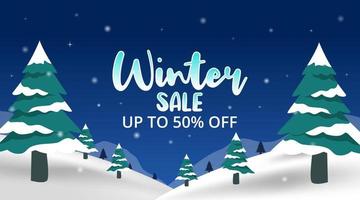 Winter sale banner with fallen snow and trees at mountain vector