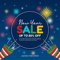 New year sale banner with fireworks and confetti trumpet vector