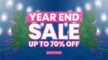 Year end sale banner with confetti and spotlights vector