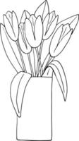 tulipanes en un icono de ramo de jarrón, pegatina. bosquejo dibujado a mano estilo doodle. minimalismo monocromo. flores, primavera, vacaciones, decoración, verano vector