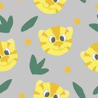 lindo tigre, hojas, estrellas. patrón sin costuras. dibujado a mano. Ilustración para papel tapiz infantil, papel de regalo, textiles. colores de tendencia 2021 oro, amarillo, verde, gris. símbolo animal de 2022 vector