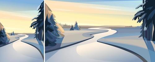 río congelado al atardecer. paisaje invernal en diferentes formatos. vector