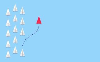 Standing out from the crowd concept. Red paper plane changing direction from the group. Flat vector illustration. Copy space