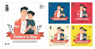 Vector Illustration Of Father Holding Baby Son In Arms. Happy Fathers Day Greeting Card