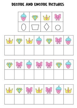 Decode and encode pictures. Write the symbols under cute elements. vector