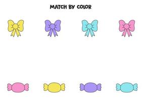 Color matching game for preschool kids. Match candies and bows by colors. vector