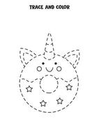 Trace and color cute unicorn doughnut. Worksheet for girls. vector