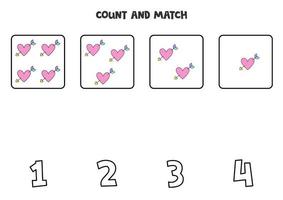 Counting game with cute pink hearts. Math worksheet. vector