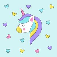 Cute cartoon unicorn card with hearts on blue background. vector