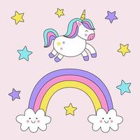 Tarjeta de unicornio de dibujos animados lindo con arco iris y estrellas. vector