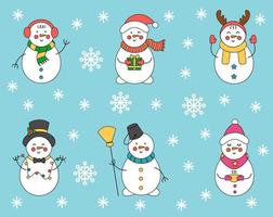 Collection of cute Christmas snowmen on blue background. vector