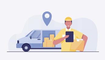 Warehouse man worker with forklift. vector illustration