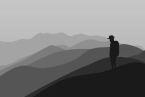 Vector illustration of a man standing on a mountain with a view of a beautiful mountain range. sunrise and sunset in the mountains.