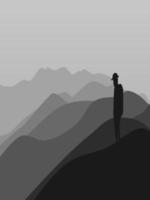 Vector illustration of a man standing on a mountain with a view of a beautiful mountain range. sunrise and sunset in the mountains.