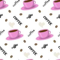 Vector seamless pattern with coffee cup, lettering and beans. Beautiful print in pastel tones. Background for textile, clothes, coffee shops, cafe and decor. Cute illustration