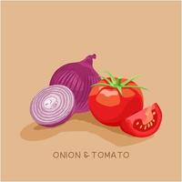 Ilustración de vector aislado de cebolla y tomate de verduras frescas