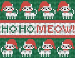 New Year card in knitted style. With festive white cats and text ho ho ho meow. Vector illustration