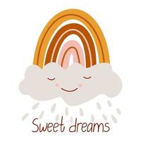Poster with sleeping boho rainbow  decorated with a cute cloud. Sweet dreams lettering. Great for kids bedroom decoration. Hand drawn flat illustration isolated on white. Muted colors.