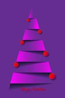 Paper christmas tree and red christmas balls. Vector new year card in paper cut style, purple background