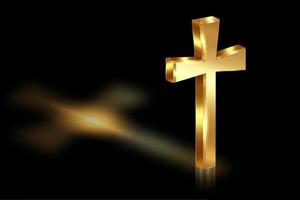 3d gold cross of light, shiny Cross with golden foil texture, symbol of christianity. Symbol of hope and faith. Vector illustration isolated on black background